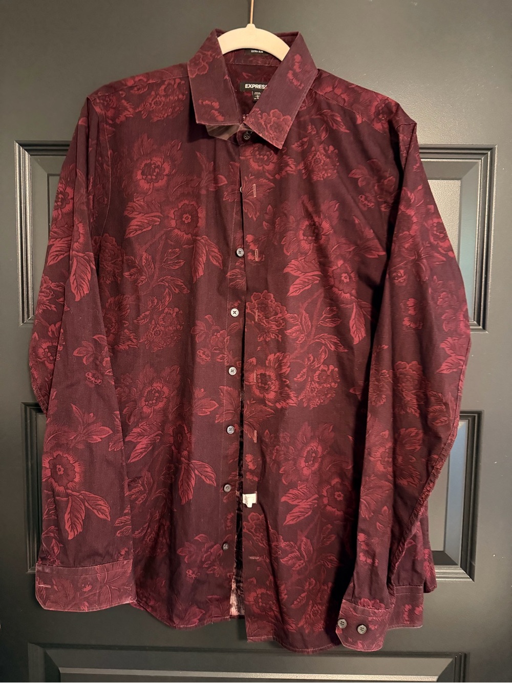 Express Men's Deep Burgundy Floral Dress Shirt